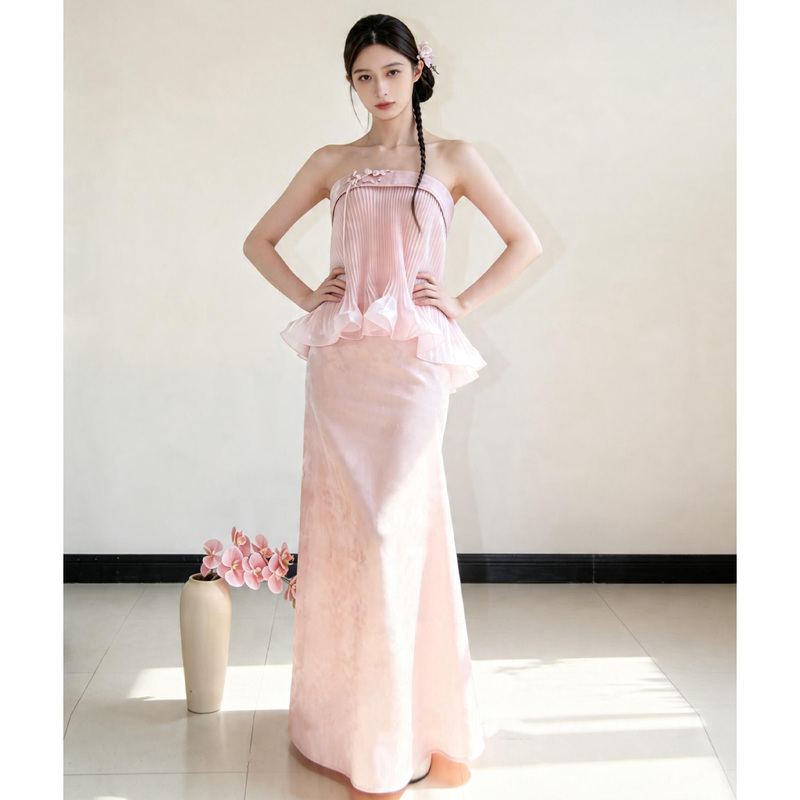 Pink Bridal Toast Dress, Engagement Banquet Robe, Women's High-End Strapless Wedding Dress, New Chinese-Style Long Dress