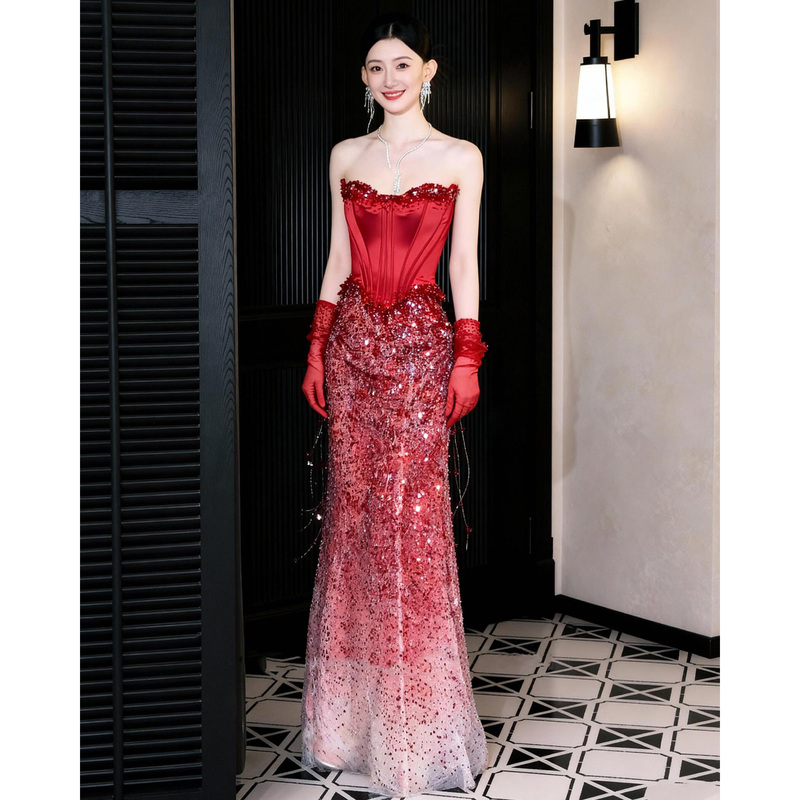 Strapless Sequin Evening Dress for Women, Gradient French Heavy-Duty Mermaid Dress, Luxurious Slim-Fit Flattering Toast Dress for Engagement Bride