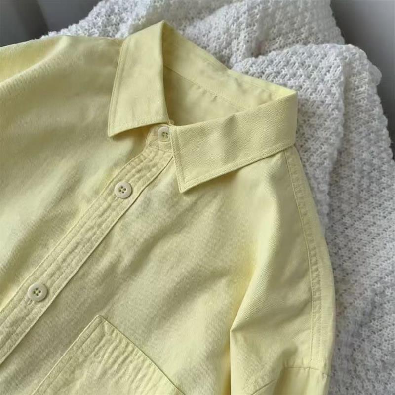 Forest-Style High-End Light Yellow Shirt Jacket for Women, Early Autumn Thin Style, Shoulder-Cut Design, Flattering and Slimming, Long-Sleeve Shirt for Outerwear, Trendy Forest-Style High-End Light Yellow Shirt Jacket for Women, Early Autumn Thin Style, Shoulder-Cut Design, Flattering and Slimming, Long-Sleeve Shirt for Outerwear, Trendy
