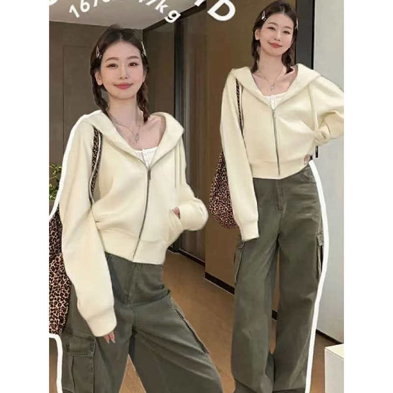 Hooded Short Sweatshirt Jacket for Women, Layered Wear, Loose Fit, Slimming, Petite Size, Zip-Up Cardigan, Loose Casual Versatile Top