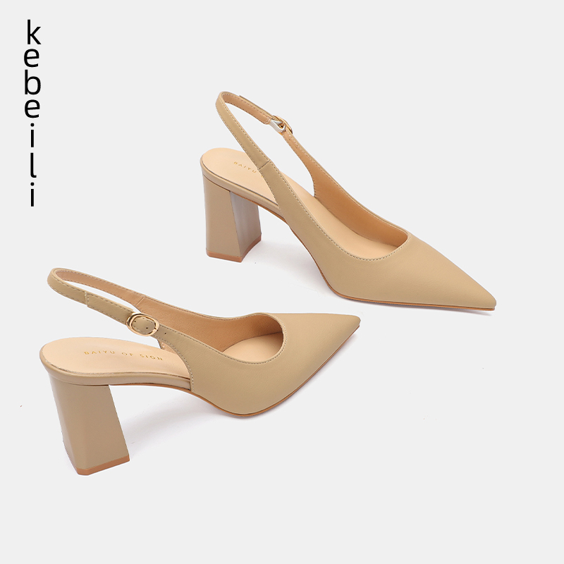 Nude Pointed Toe Chunky Heel Sandals for Women, Closed Toe with Buckle, 2025 Spring/Summer New Style, Versatile and Comfortable High Heels for Commuting