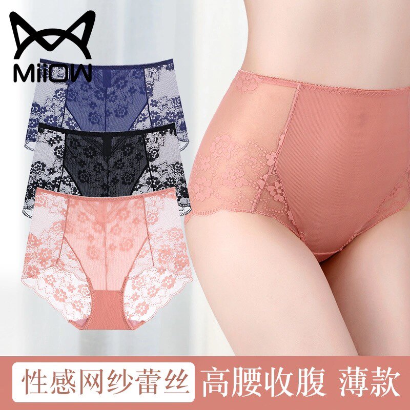 Cat people high waist belly lace panties female sexy charming briefs transparent naked sleep seamless ice silk women's panties