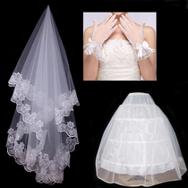 Bride wedding dress lace head yarn stretch satin gloves mesh skirt three-piece combination set