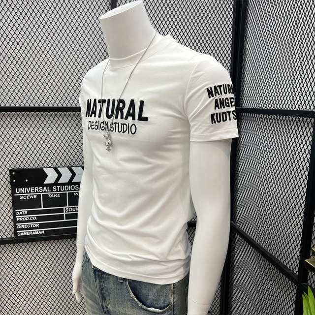 ເສື້ອຍືດແຂນສັ້ນ Summer ຜູ້ຊາຍ tops letter embroidered T-shirt new slim fit handsome versatility clothes trendy brand ins