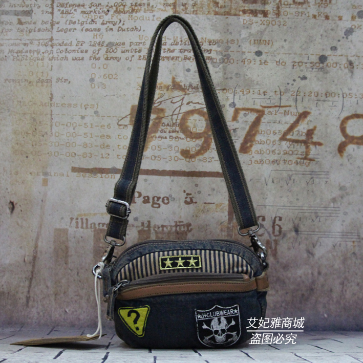 Agnu Korean version of the small square bag trend retro denim embroidered flower badge skull girl waist bag messenger bag