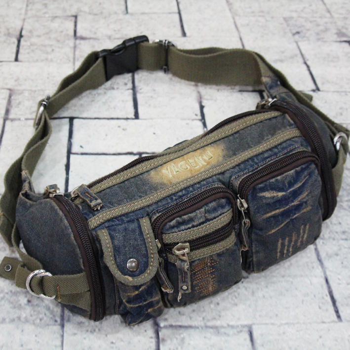 Agnu denim cash register bag men and women unisex chest bag waist bag retro pleated bucket type casual Korean version of the bag tide