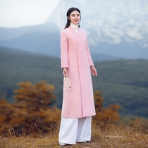 Chinese Tang dress improved Hanfu Cheongsam top Womens autumn and winter Zen tea dress retro womens Chinese style wool coat