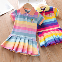 Small and medium girls short sleeves Turnover Polo Skirt Pure Cotton Striped Rainbow Dress Foreign Air Academy Wind Short Skirt 100 Pleated Skirt