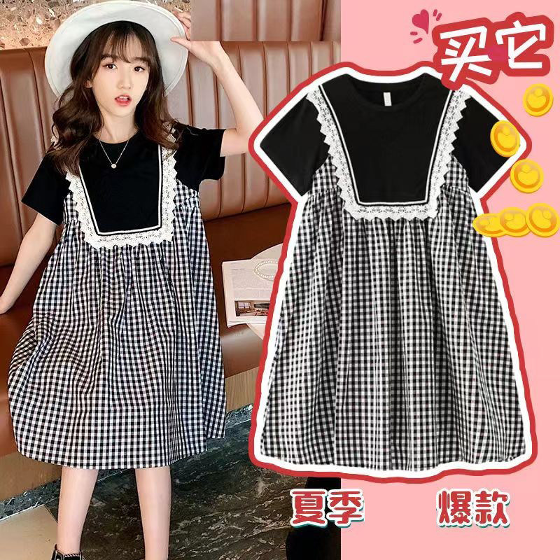 Female Great Boy Fake Two Black And White Plaid Short Sleeve Ocean Dress 2022 Summer New College Wind Skirt T-shirt Dress