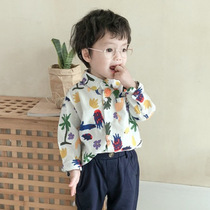 Male and female child white green dinosaur printed shirt 2022 spring and summer style Han Fan Shuai gas fried street turned collar short long sleeve shirt