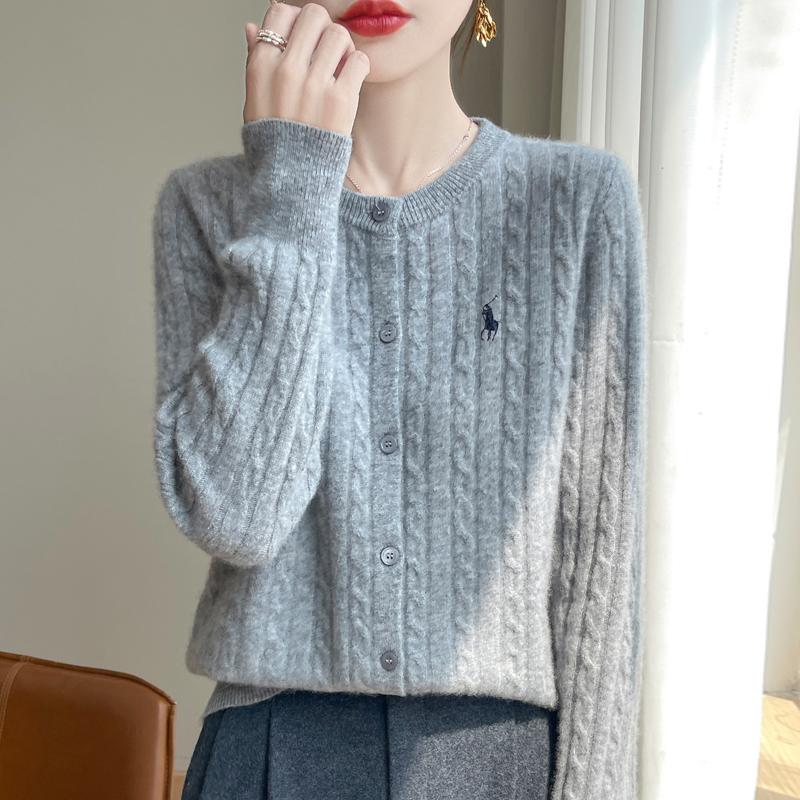 Zhao Lusi Style Small Horse Embroidery Knitted Cardigan for Women, Spring and Autumn Twist Knit Round Neck Long Sleeve Sweater Coat, Loose and Fashionable