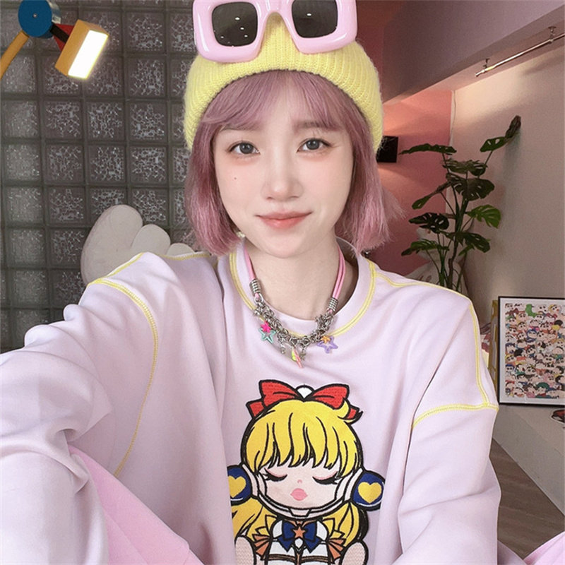 秋装气质宽松显瘦温柔风撞色刺绣卫衣女上衣时尚减龄百搭长袖小衫