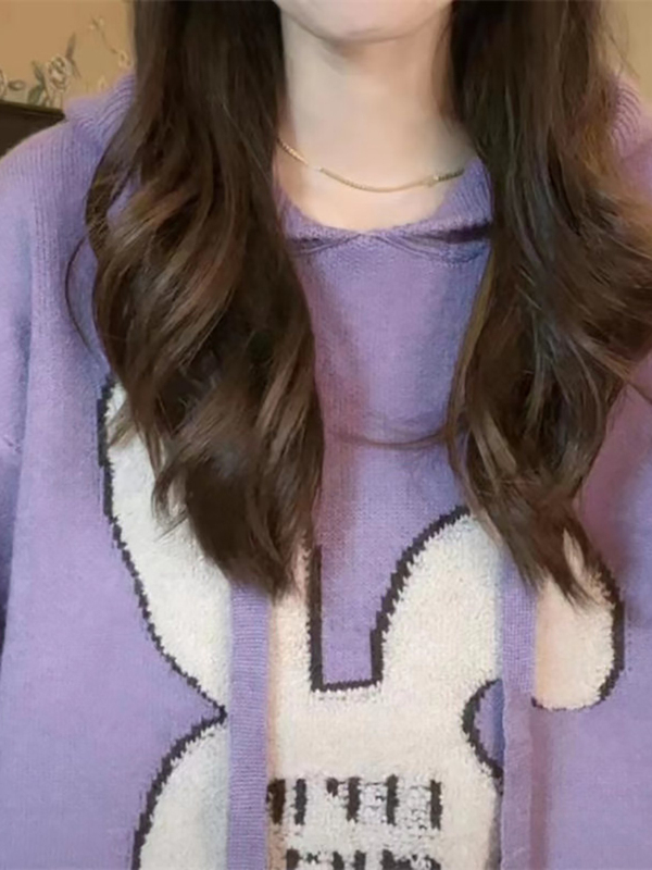 Fashionable Cartoon Bunny Knit Sweater for Women, French Style, Unique Design, Hooded Rabbit Sweater, Trendy