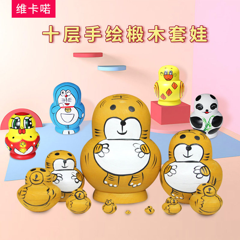 Treva 10 floors Little Tiger KT cat number Kit Va Cartoon Cute Wooden Hand-painted Children Toys Russian Sets