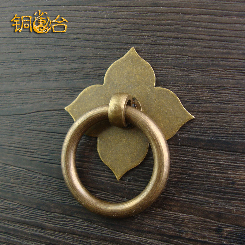 Chinese Imitation Antique Pure Copper Handle All Copper Rings Single Hole Flower Type Four Leaf Grass Drawer Cabinet Door Handle Overall Cabinet Handle