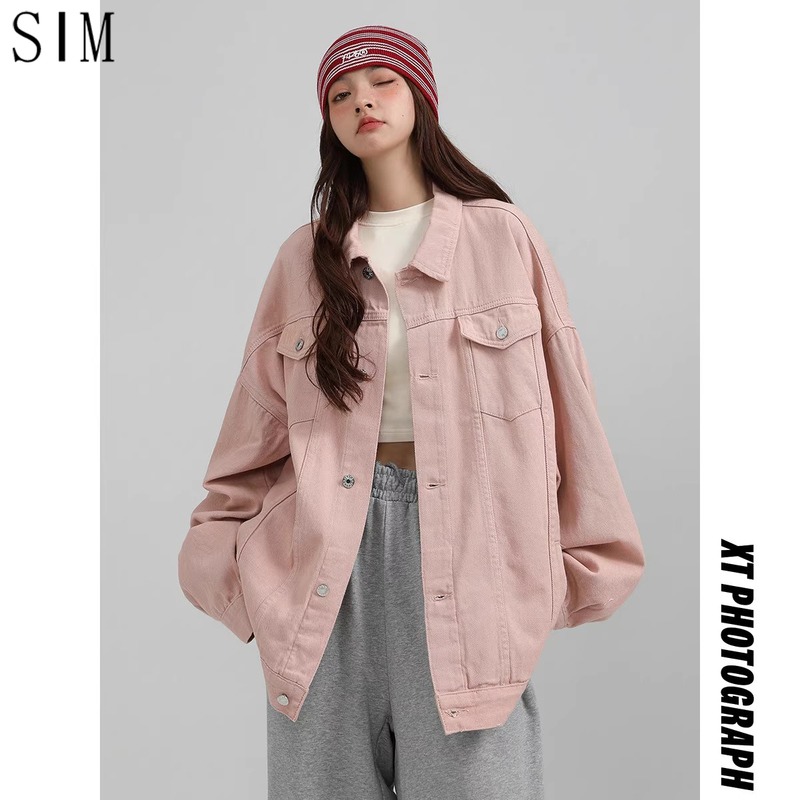 Sim Pink Vintage Distressed Denim Jacket Autumn Women's 2025 New Style Petite Loose Casual Age-Reducing Jacket