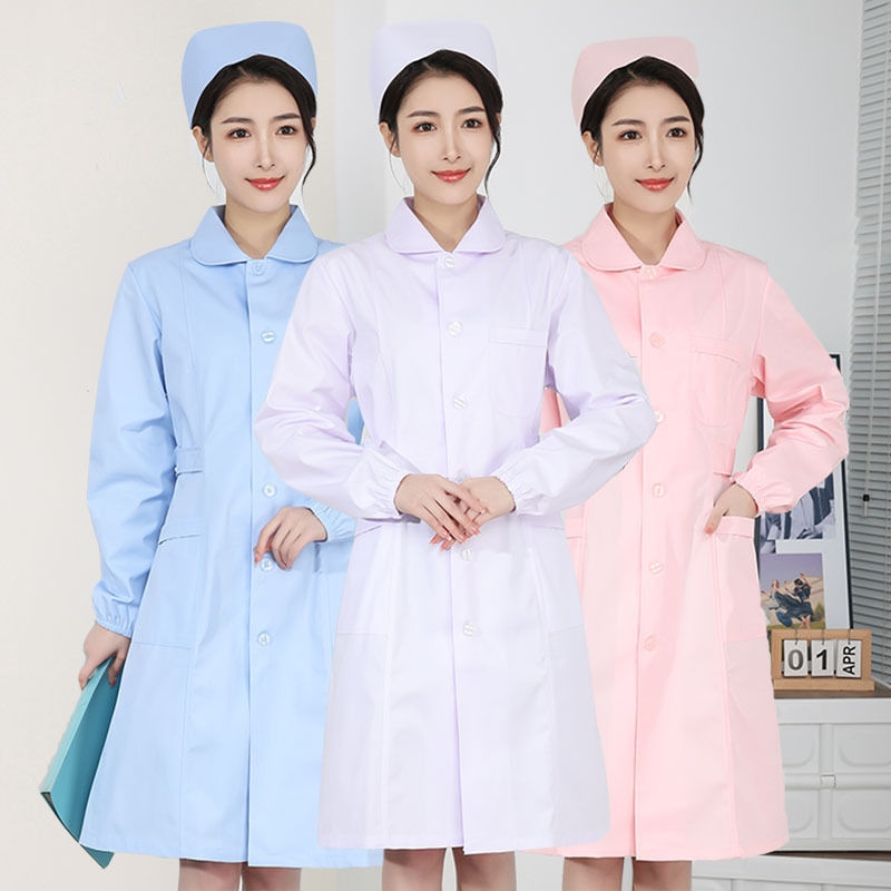 Nurse Uniform Long-Sleeved Thin Elastic Sleeves Intern Round Neck Doll Collar White Coat Blue Pharmacy Work Uniform Plus Size