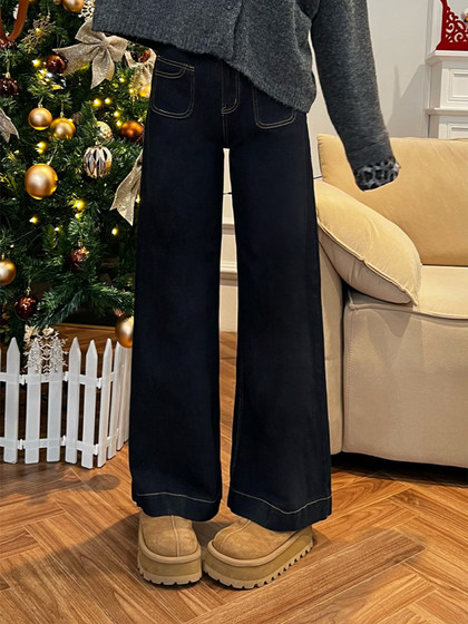 深蓝色牛仔裤女春季新款大码胖mm梨形身材宽松高腰显瘦直筒阔腿裤