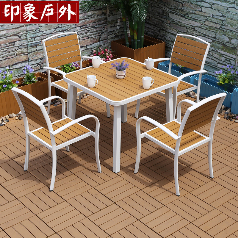 Outdoor plastic wood table and chair combination Garden Outdoor waterproof sunscreen Villa terrace Balcony anti-corrosion wood cafe chair