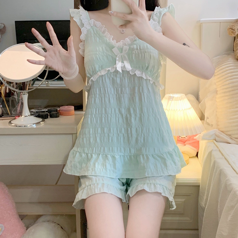 Sexy Suspender Pajamas for Women, Summer Woven Cotton Thin Two-Piece Set, Sweet Lace Princess Style with Chest Pads, Home Wear
