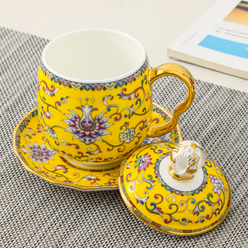 Jingdezhen Chinese archaize ceramic powder enamel high - grade dish of tea cups with handles tea gifts home office