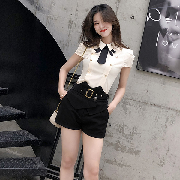 Short Sleeve Shirt Woman 2022 Summer new Han Fan temperament OL Career upfront double row Bow Tie Butterfly Knot Shirt Woman