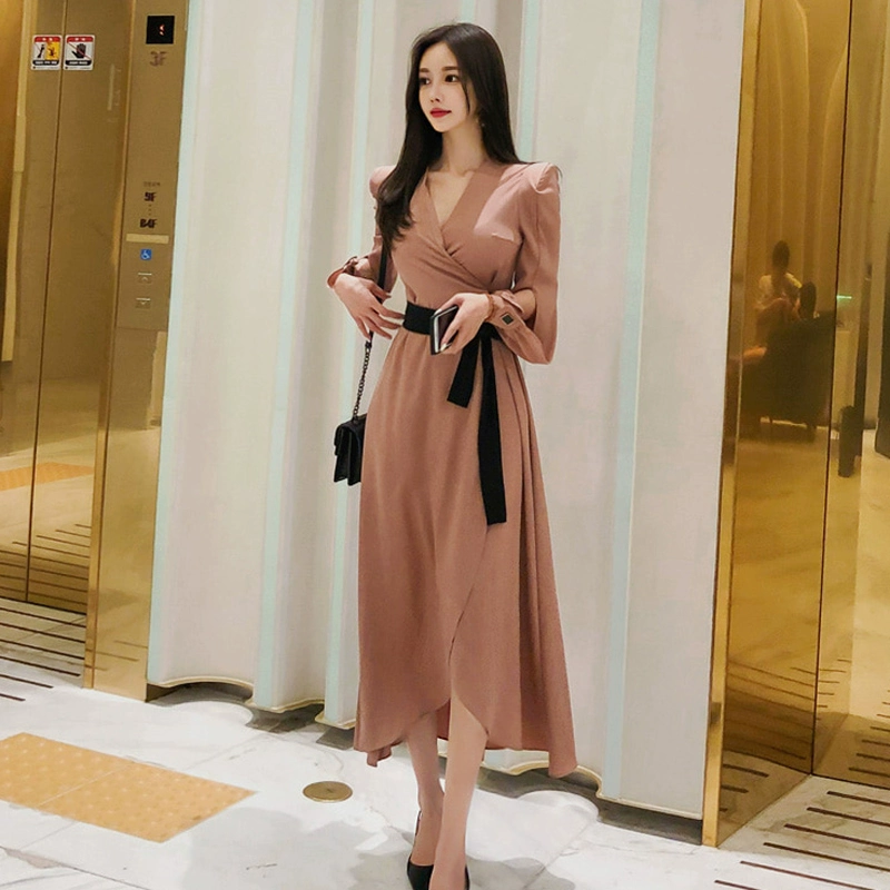 Mùa thu 2019 mới của phụ nữ phiên bản Hàn Quốc của OL khí chất V-cổ ren-up thời trang lady váy đầm dài - Váy dài