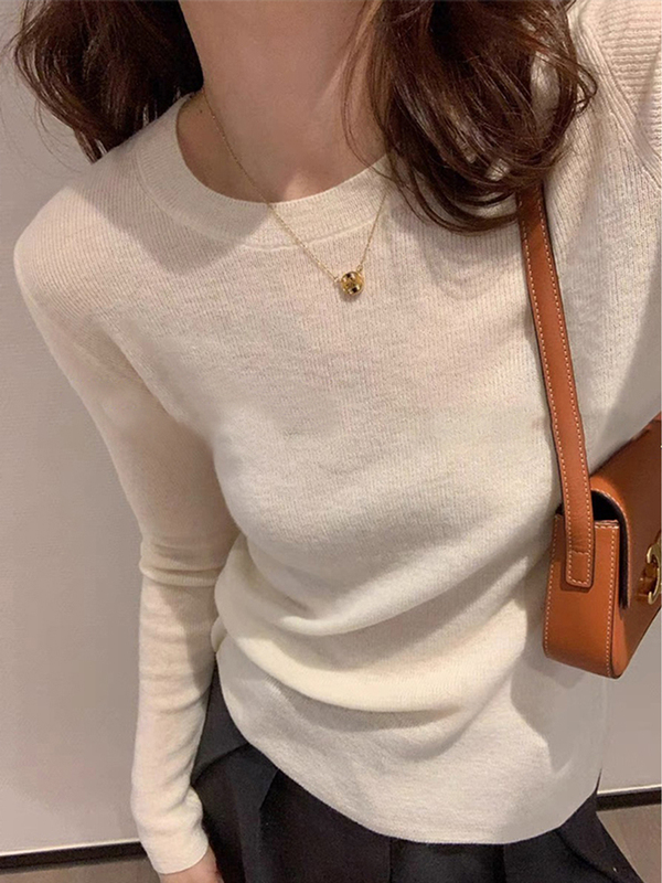 2026 Autumn/Winter New White Round Neck Knitted Sweater for Women, Long Sleeve Slim Fit Versatile Top