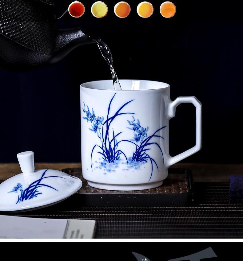 Blue and white orchid large capacity office cup hand - made ceramic tea cup with lid handle all hand of jingdezhen tea service