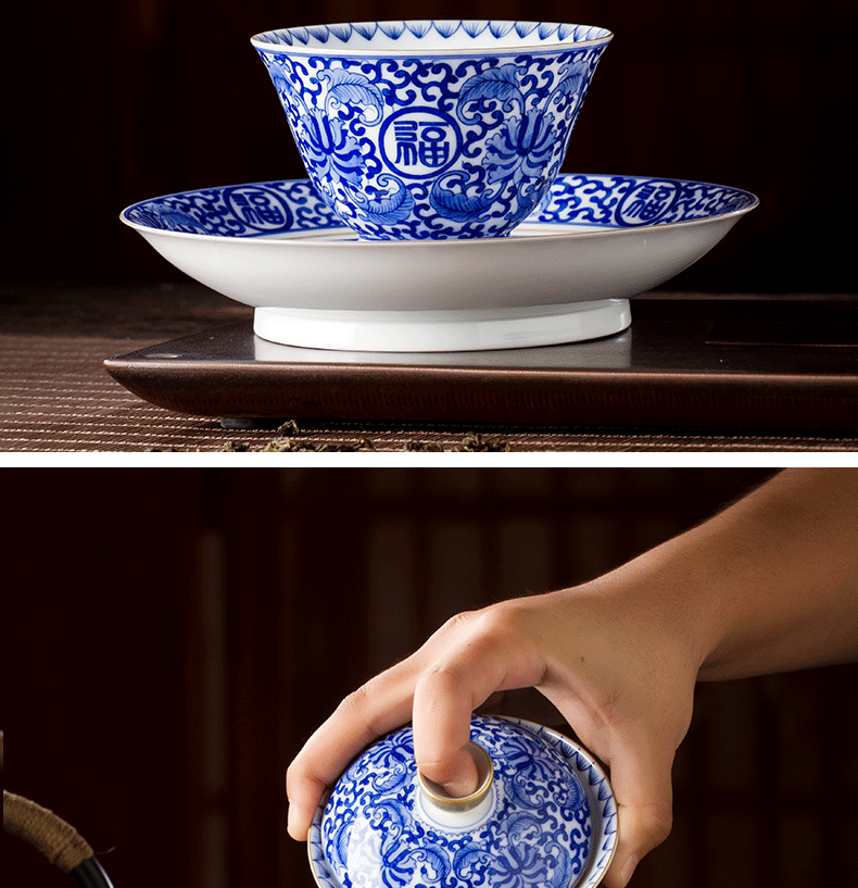 Only three tureen tea cup of pure hand - made jingdezhen ceramic paint tureen large blue and white tie up branches hand grasp pot of tea bowl