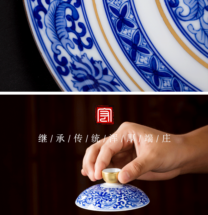 Only three tureen tea cup of pure hand - made jingdezhen ceramic paint tureen large blue and white tie up branches hand grasp pot of tea bowl