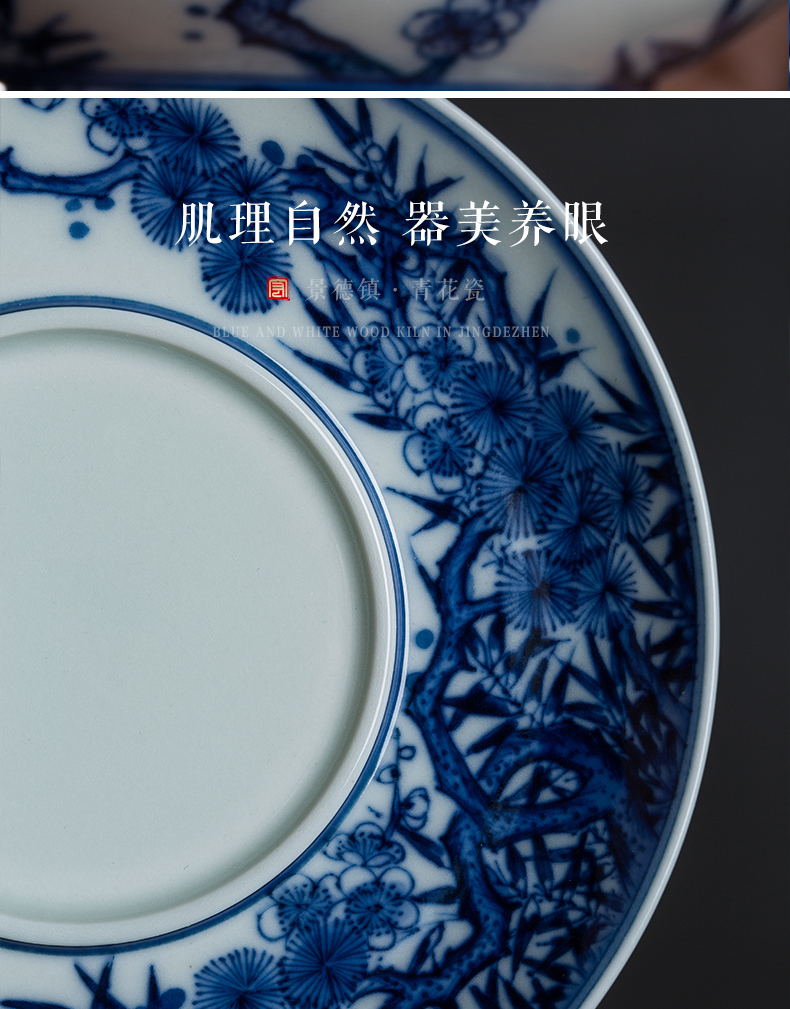 Jingdezhen firewood tureen hand - made ceramic tea set Chinese blue and white only maintain three tureen bowl cups by hand