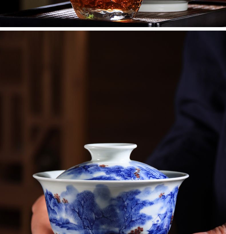 Jingdezhen blue and white youligong tureen tea bowl manual hand - made large landscape three tureen kung fu tea set