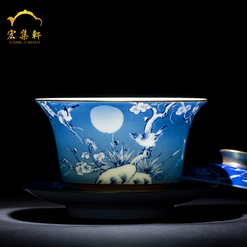 Jingdezhen blue and white painting of flowers and tea tureen hand - made ceramic tea tureen large bowl of kung fu tea set three tureen