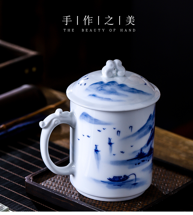 Jingdezhen porcelain teacup tea cup office take cover hand - made scenery male large capacity high water cup