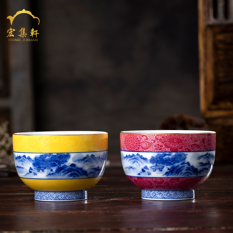 CPU master Cup of jingdezhen ceramic tea set kung fu tea set single CPU hand - made grilled pastel flowers carmine tea cups