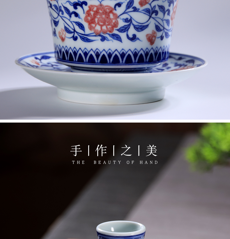 Put the lotus flower blue youligong wsop large tureen household ceramics worship bowl tea, hand - made kung fu tea set