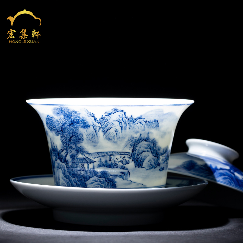 Manual blue - and - white tureen large kung fu tea set hand - made scenery tureen tea bowl three tureen jingdezhen tea cups