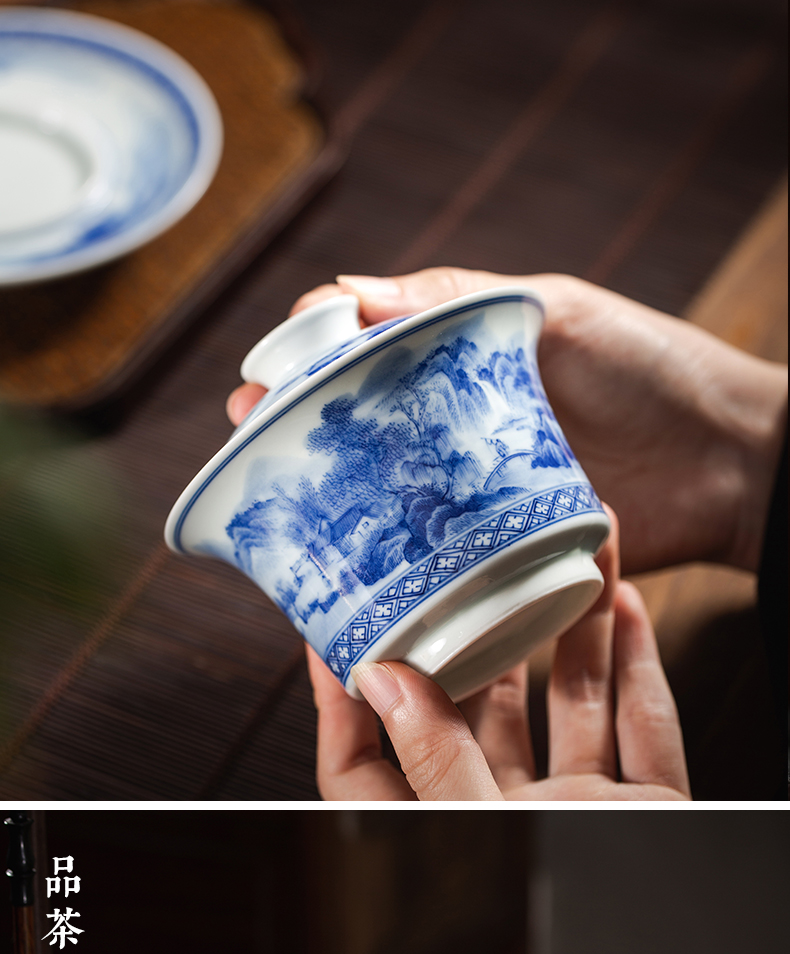 Macro sets hin jingdezhen tureen hand - drawn work full of blue and white landscape three to make tea tureen white porcelain cups in large bowl