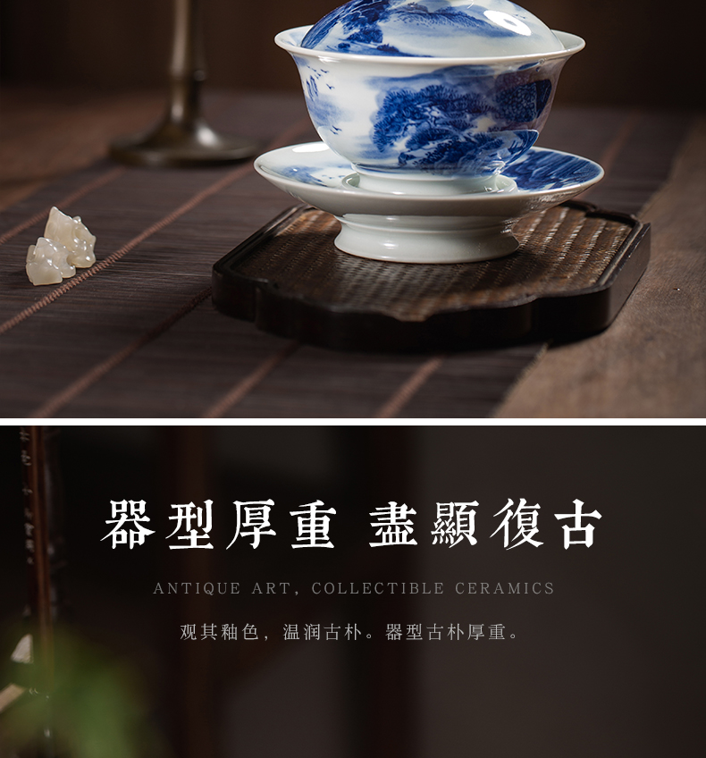 Tureen single hand - made scenery of jingdezhen blue and white only maintain three cup to burn large tea bowl of ceramic tea set