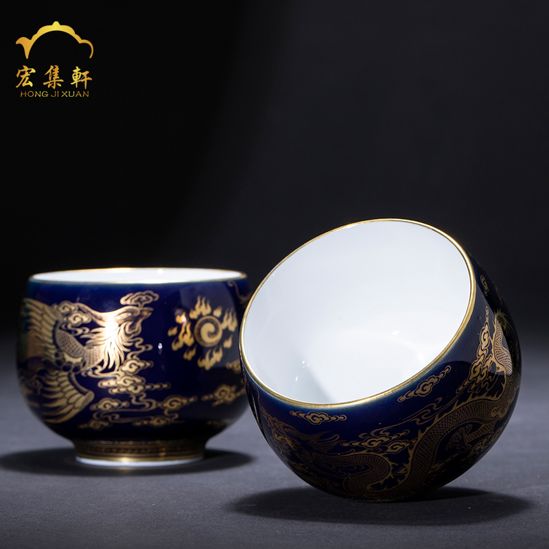 Ceramic kung fu tea masters cup ji blue paint dragon cup chicken cup sample tea cup individual cup of jingdezhen tea service by hand