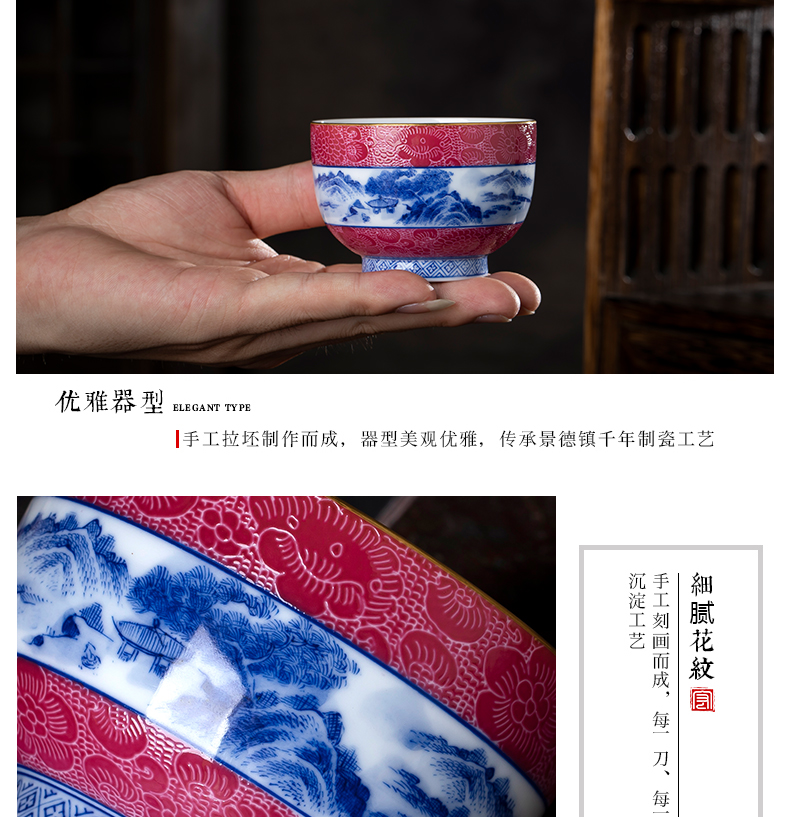 CPU master Cup of jingdezhen ceramic tea set kung fu tea set single CPU hand - made grilled pastel flowers carmine tea cups