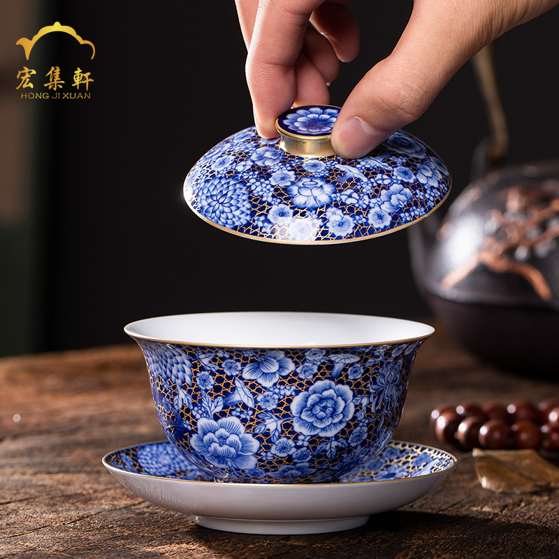 Blue and white tureen hand - made ceramic tea cup flower jingdezhen ceramics by hand three tureen kung fu tea tea bowl