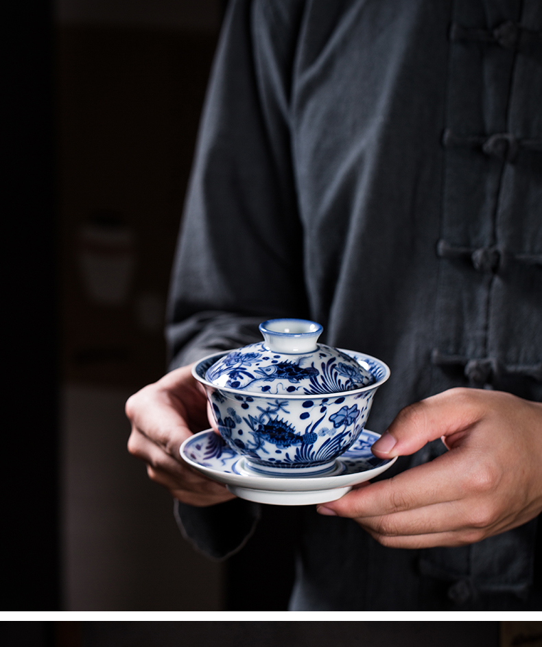 Jingdezhen blue and white only maintain three hand - made tureen tureen single cups of tea tureen algal lines make tea firewood fish bowl