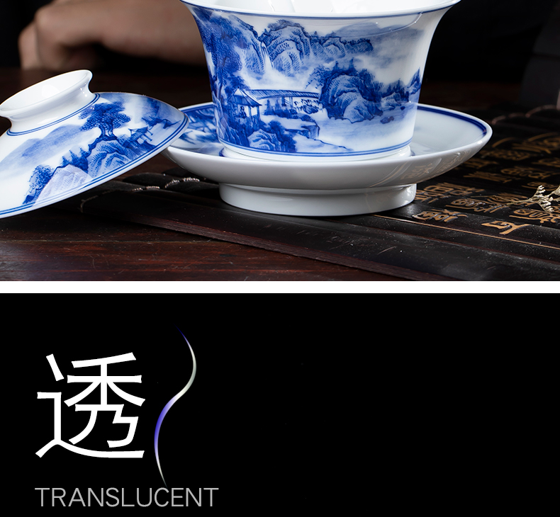 Manual blue - and - white tureen large kung fu tea set hand - made scenery tureen tea bowl three tureen jingdezhen tea cups