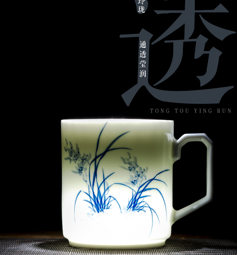 Blue and white orchid large capacity office cup hand - made ceramic tea cup with lid handle all hand of jingdezhen tea service