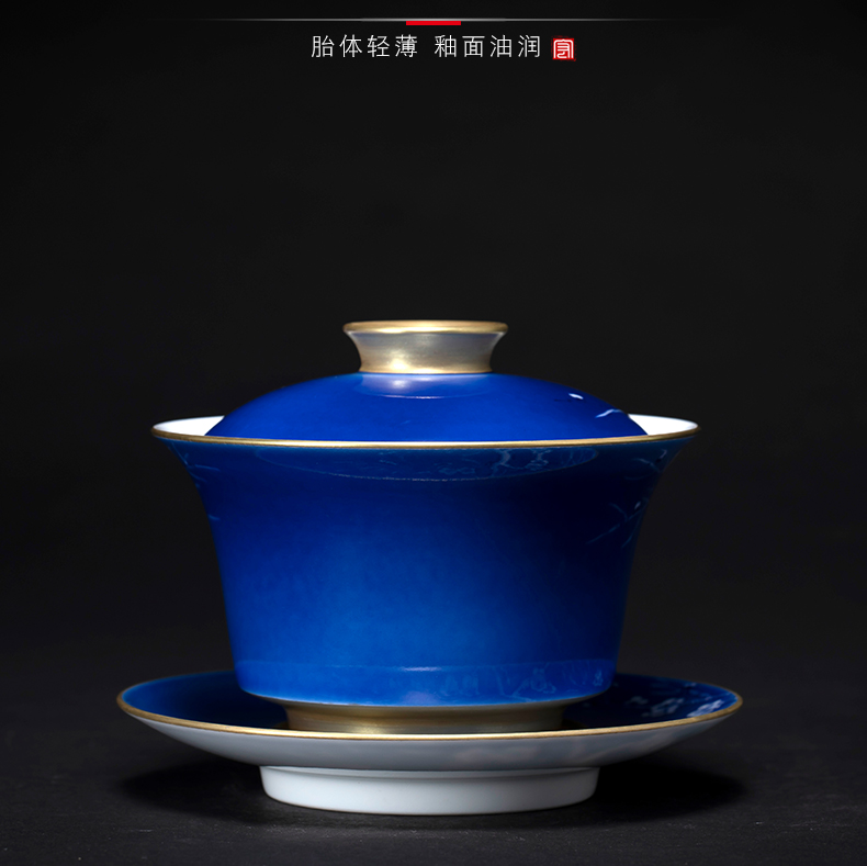 Jingdezhen blue and white painting of flowers and tea tureen hand - made ceramic tea tureen large bowl of kung fu tea set three tureen