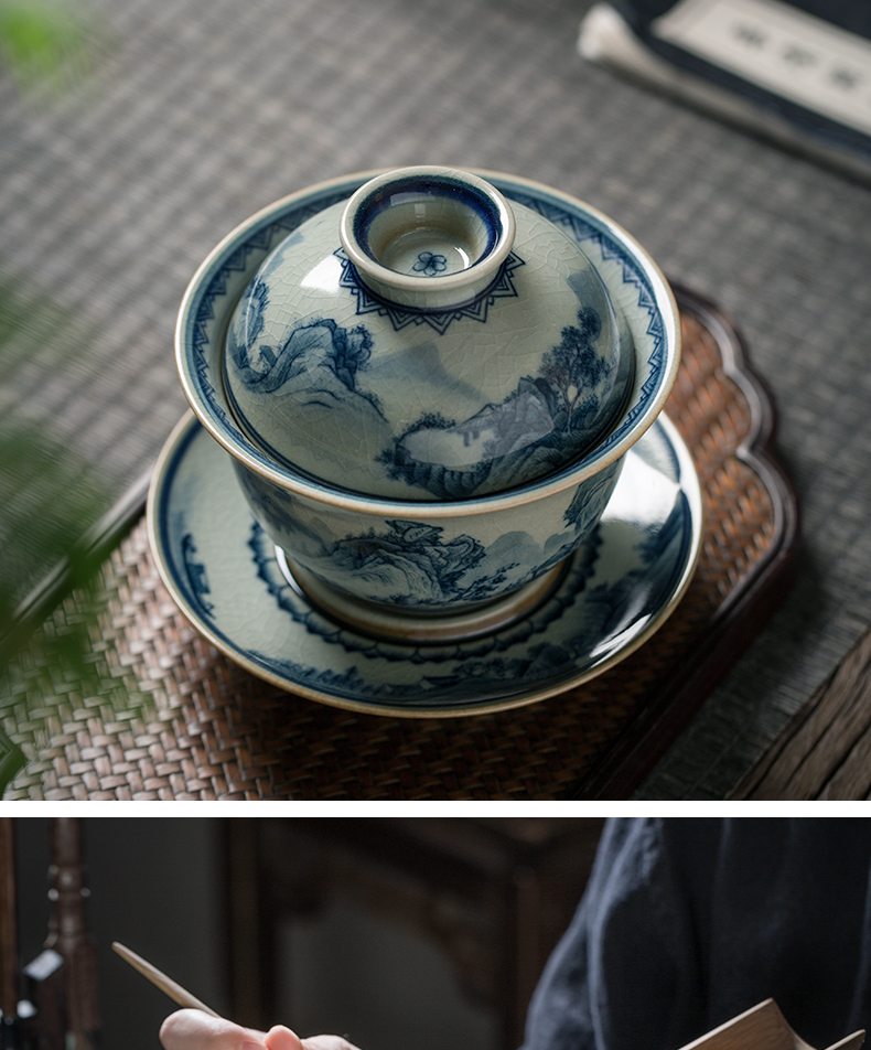 Maintain tureen jingdezhen ceramic only three tureen large blue and white triangle flowers pattern circle hand - made scenery kung fu tea tea bowl