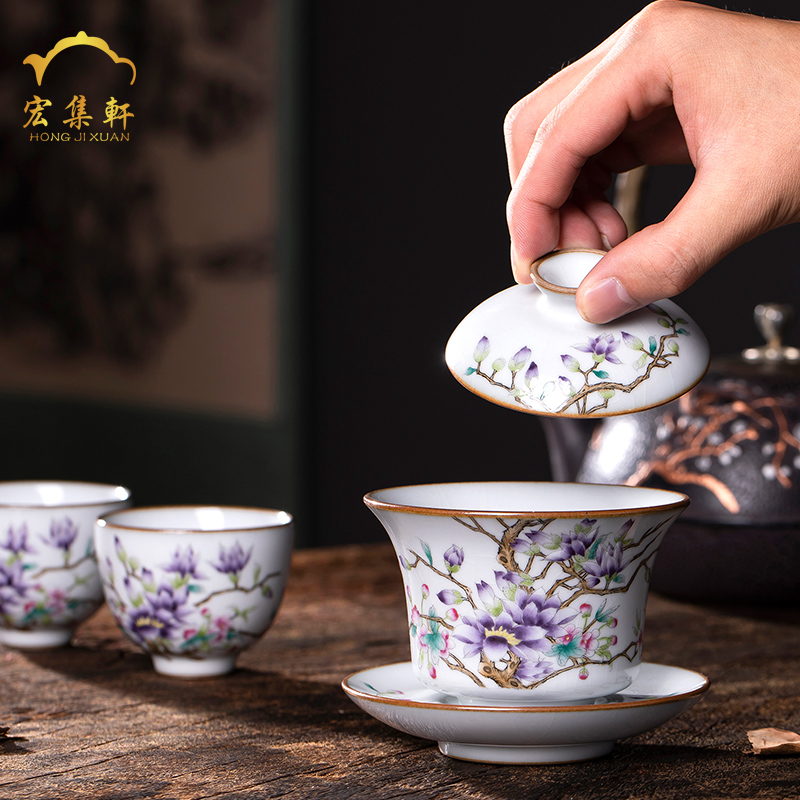 Tureen large jingdezhen ceramic checking porcelain tea cups three bowl bowl of kung fu suit only hand - made tea