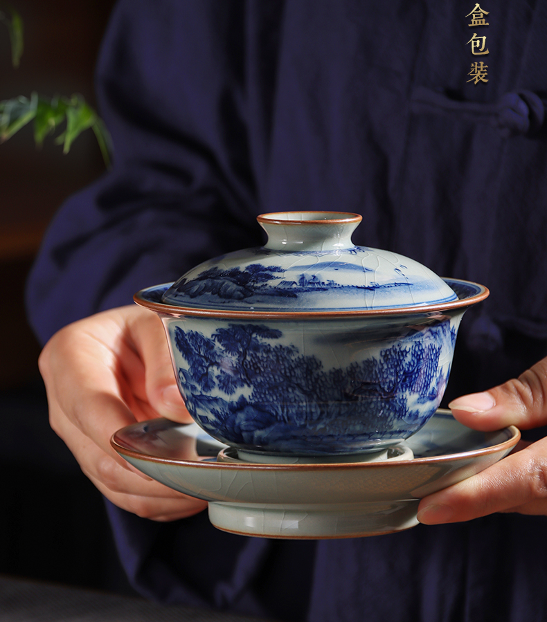 Maintain tureen jingdezhen ceramic only three tureen large blue and white triangle flowers pattern circle hand - made scenery kung fu tea tea bowl